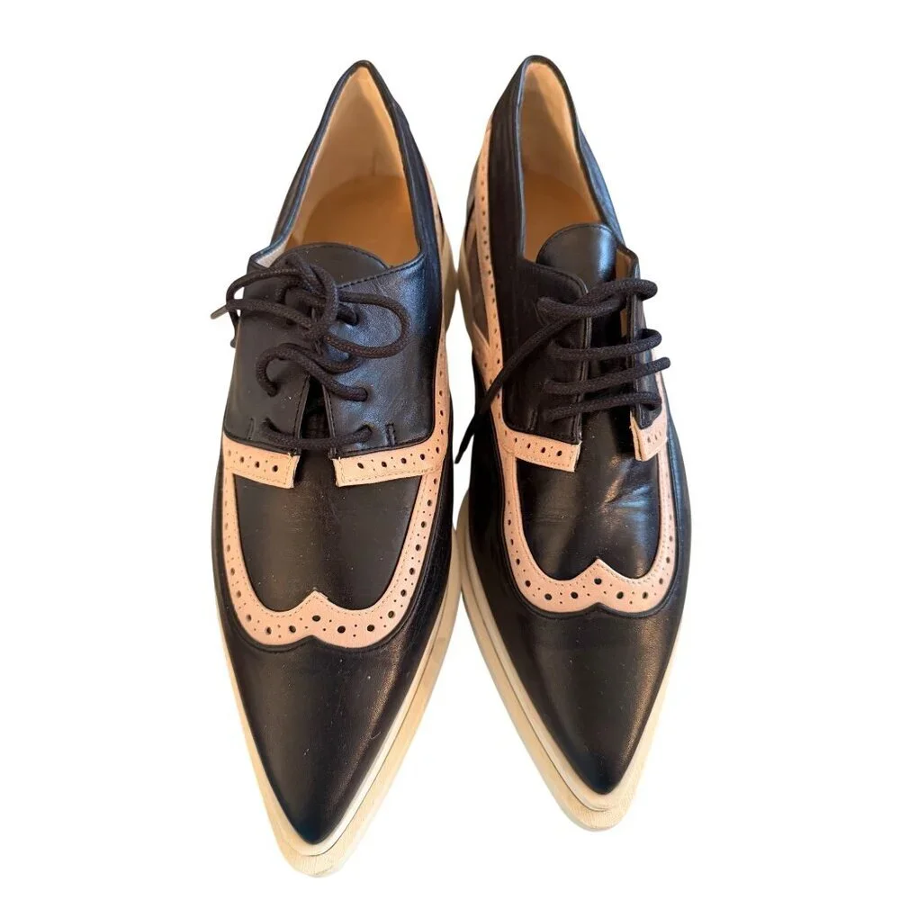 Annaisha Womens Lace-up Shoes Derby Size 38 Black Leather Pointed Toe Spain New